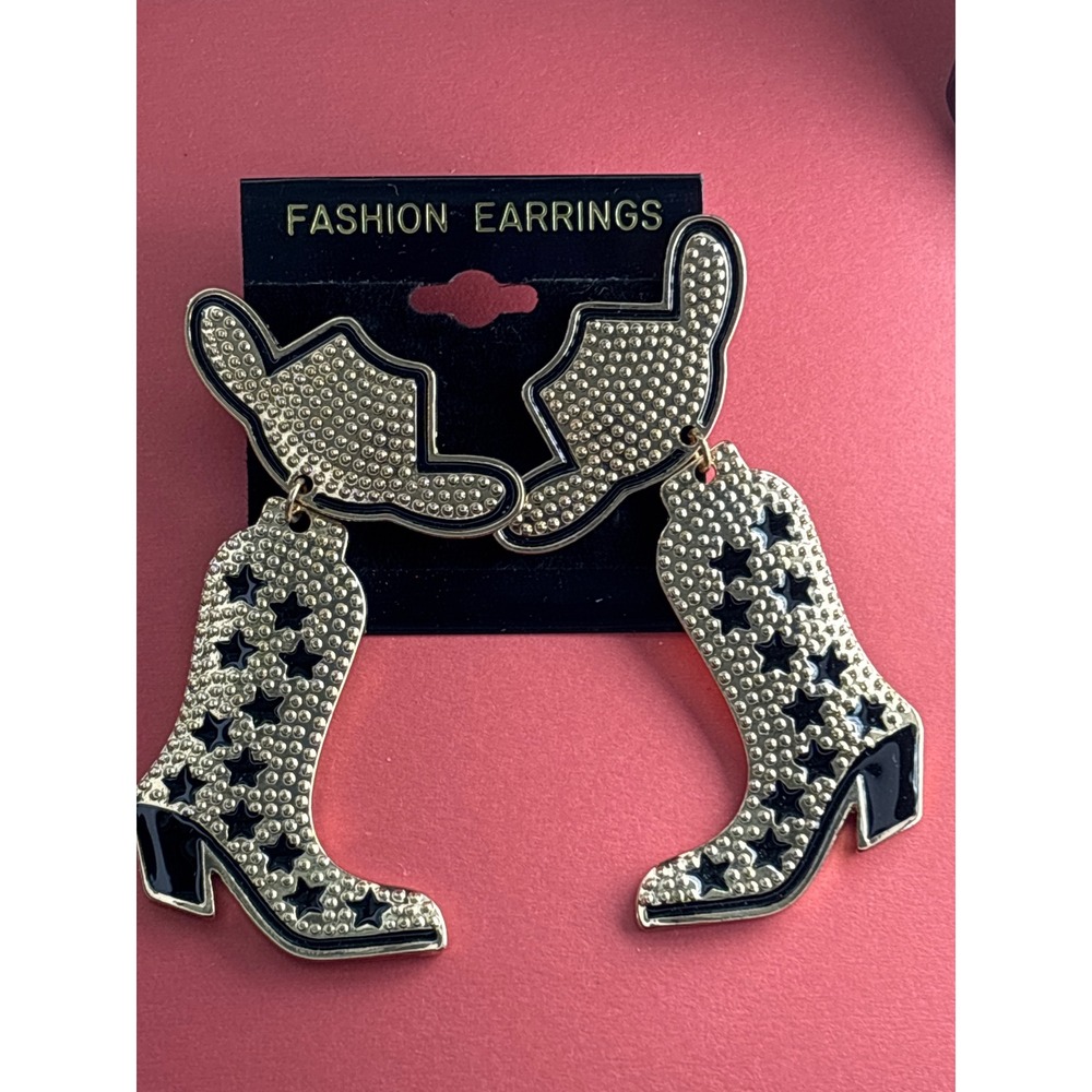 Earrings Metal Gold Black Push Back Western Cowboy Boot Hat New with Tags